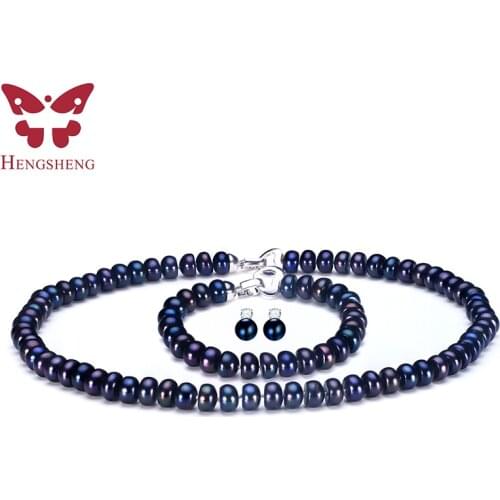 HENGSHENG 2021 New Black Pearl Jewelry Set For Women,Natural Black Pearl Stud Earrings&Bracelet&Necklace Fashion Jewelry Sets