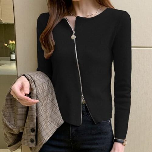 Autumn and Winter 2021 Black Knitted Cardigan Sweater Womens New Korean Fashion Women Clothing Zipper Slim Solid Elegant 1066
