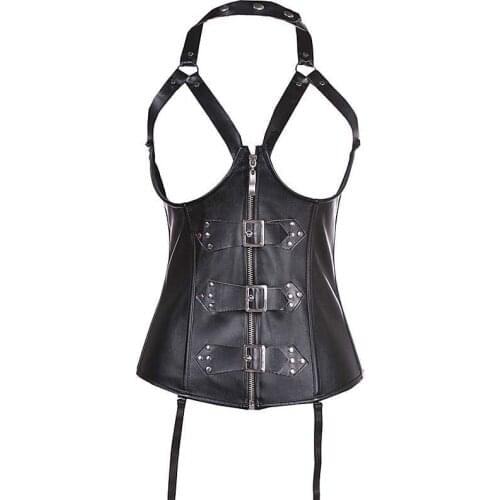 Faux Leather Corset Halloween Korse Vintage Retro Bustier Women Halterneck Gorset Sexy Suspender Korsett Open Bra Outfit Korset