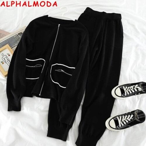 ALPHALMODA 2020 Casual Fashion Suit Autumn Winter Cardigan Knitted Jacket Top Design Zipper Pocket Sweater Haren Pants Set