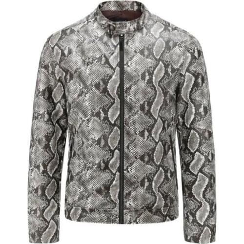 Stand collar PU leather jacket mens motorcycle plus size casual short python pattern coats rock European jaqueta masculina