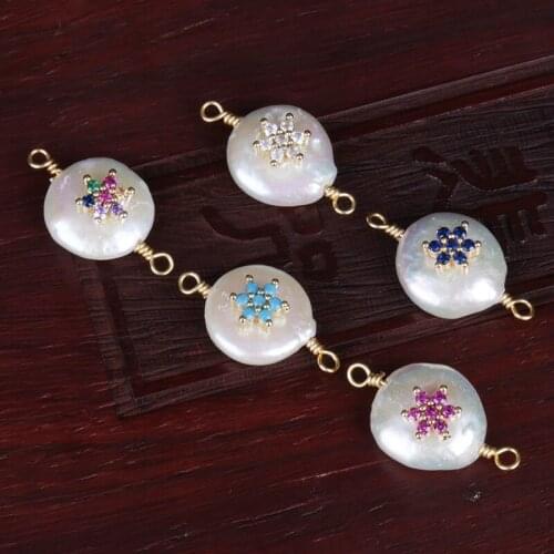 Mix navy blue fuchsia white mint cz tiny gold star charm freshwater pearl connector bead charm for bracelet earring jewelry DIY