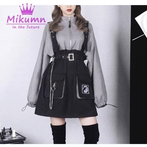 Japanese Harajuku Girls Punk Style Gray Black Patchwork Detachable Belt Chain Autumn Gothic Women Mini Dress