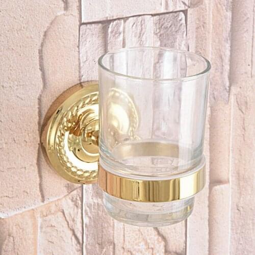 Gold Color Brass Single Toothbrush Holder With Glass Cup Wall Mounted Bathroom Accessories aba591