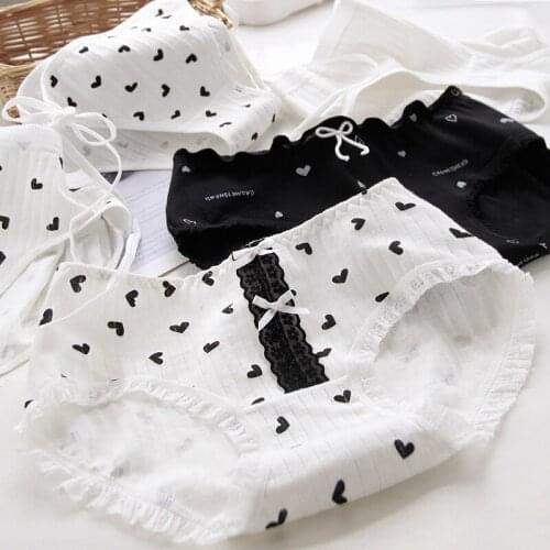 New Product Hot Sale Retro Black and White Love Lace Bow Knot Thread Breathable Cotton Crotch Female Student Underwear