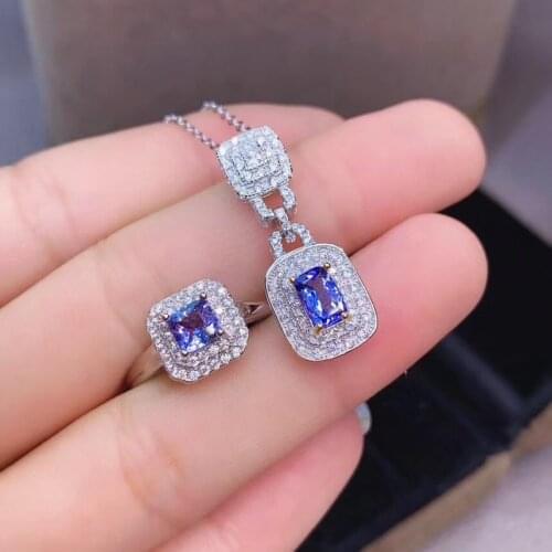 New Arrival Natural and Tanzanite Jewelry set Natural 925 sterling silver Fine jewelry 1pc Tanzanitering,1pc Tanzanite Pendant