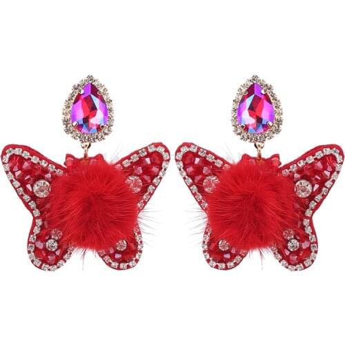 New Designer Brand Statement Earrings For Women Mink Hair Ball HandMade Crystal Butterfly Pendant Earrings Fashion Jewelry Gifts