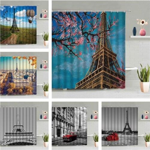 Paris Iron Tower Shower Curtain Sports Car Rose Flower Architecture Scenery Bathroom Waterproof Wall Hanging Curtains Home Decor