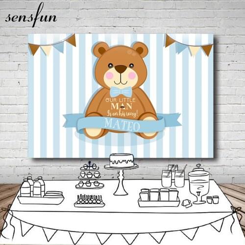 Sensfun Brown Cartoon Bear Photography Backdrop Light Blue White Striped Baby Shower Birthday Party Backgrounds 7x5ft Vinyl