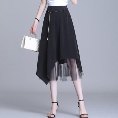 Irregular Mesh Splice High Waist Black Skirt 2021 Summer Women Fashion Streetwear Gothic Loose Casual A-line Long Skirts 9195