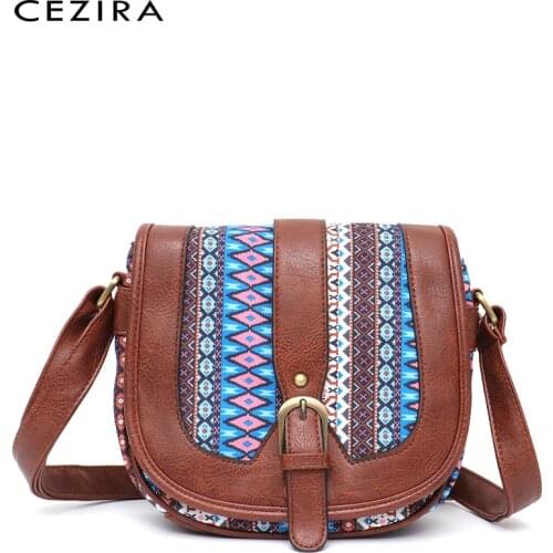 CEZIRA Bohemian Style Women Vegan Leather Crossbody Bag Retro Canvas&PU Leather Handbag Girls Casual Flap Messenger Shoulder Bag
