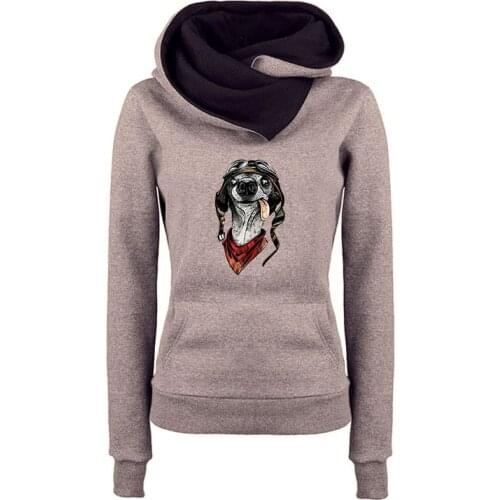 Spring Autumn Womens Hoodies Turtleneck Cartoon Animal Dog/Cat Printing Two-color Cap Casual Female Hooded Sweatshirt S-3XL