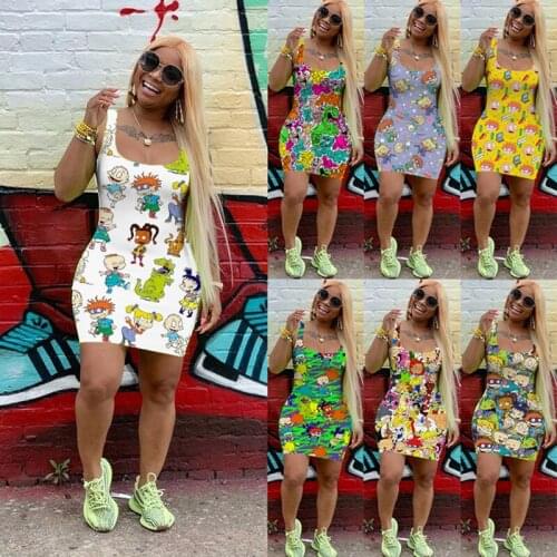 Summer new casual cartoon print sleeveless dress Outer wear street beach clothing vest women dress Multicolor Loose comfortable