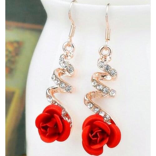 2021 Fashion Jewelry Ethnic Red Rose Drop Earrings Big Rhinestone Earrings Vintage for Women Rose Gold Spiral Dangle Earring