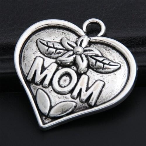 5pcs Silver Color Heart Shape Mom Letter Carved Jewelry Making Charms Necklace Pendants Mothers Day Gifts A2840