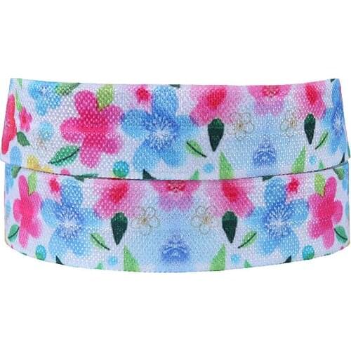50 yards/lot) Beautiful watercolor flower printed fold over elastic ribbon for baby headbands