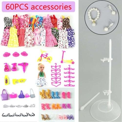 60items/set Doll Accessories For Barbie Doll Outfits 10Pairs Shoes & 10 Fashion Dress Clothes Necklace Earring Glasses Handbag
