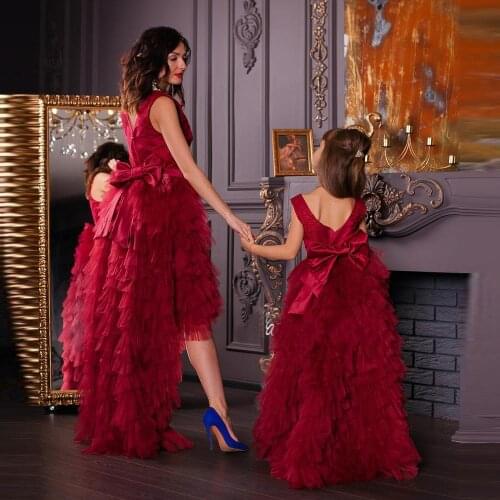 Burgundy Mommy & Me High Low Tulle Puffy Dress Floor Length Ruffled Tiered Dresses Women Fromal Party Gown Bow Custom made