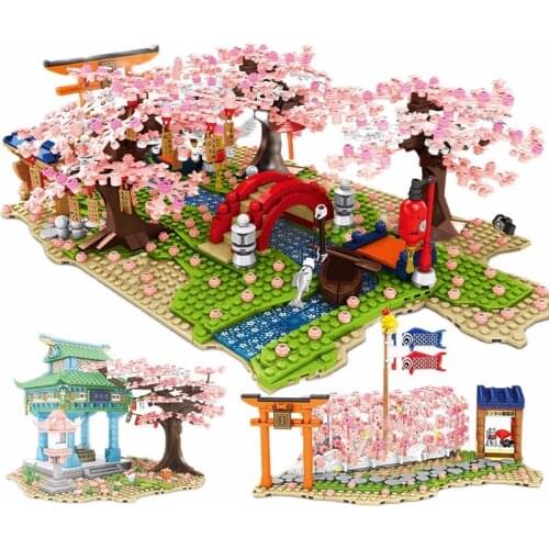 City Street View Sakura Inari Shrine Building Blocks Friends Cherry Blossom Creator House Tree Construct Brick Toys for Children