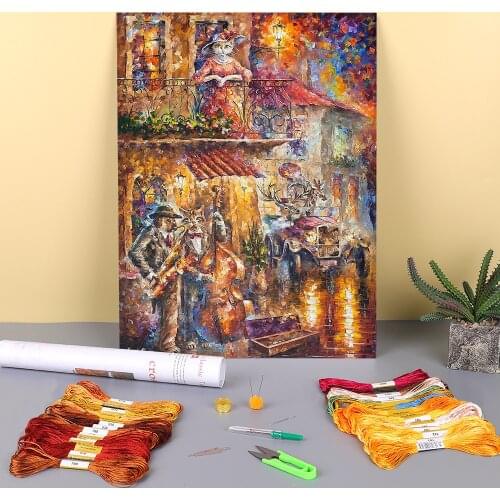 Oil Painting Style Serenade Printed Water-Soluble Canvas 11CT Cross Stitch Full Kit Embroidery DMC Threads Floss
