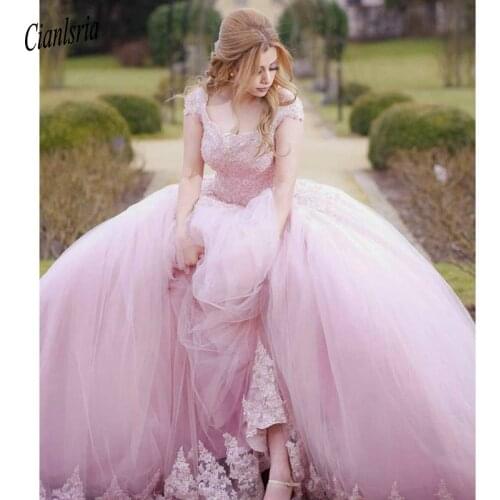 Classic Pink Ball Gown Quinceanera Dresses Square Neck Short Sleeve Appliques Beaded Sweet 15 Dress Plus Size Princess Prom Gown
