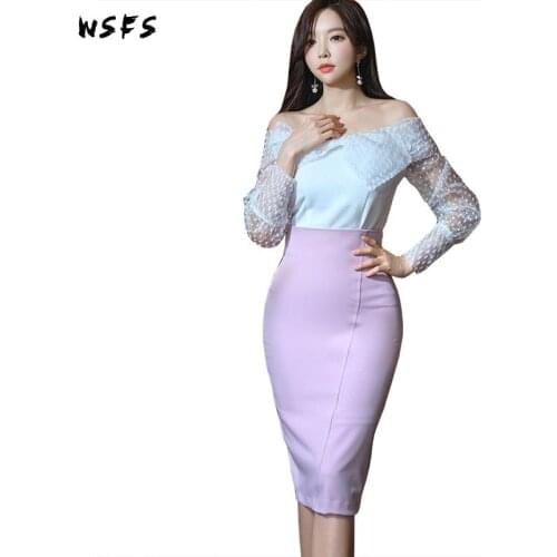 2 Piece Set Spring Dress White Slash Neck Shirt Tops Women Dresses Vintage Party Sexy Bodycon Bandage Pink Midi Korean Clothes
