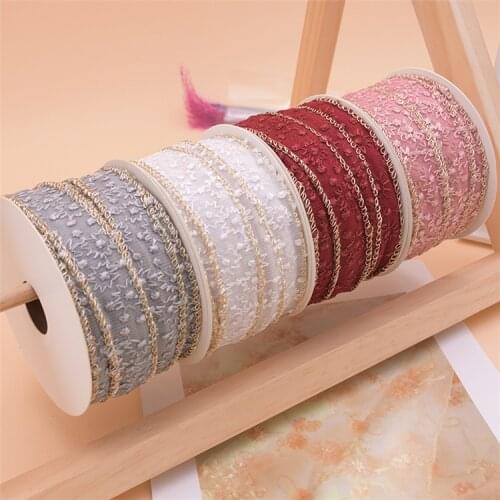 5 yards 2.5cm Embroidery Gold Edge Lace Organza Stain Ribbon for Gift Bouquet Wrapping Yarn diy Hair Accessories Bow Decoration