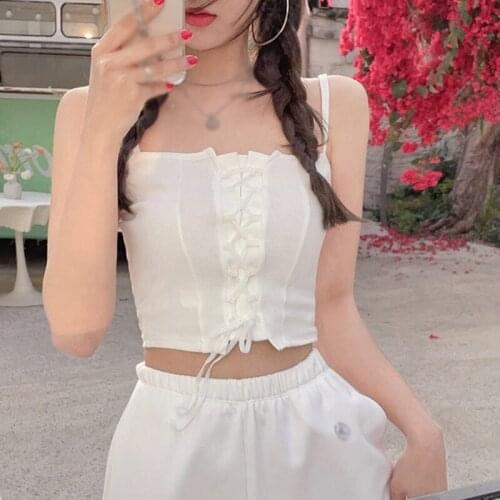 Summer Women Camis Solid Color Sleeveless Short Tank Tops Female Casual Knitted Lace Up Top