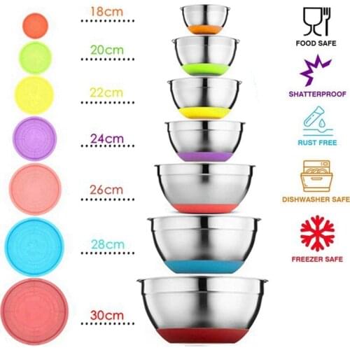 7 Colors Stainless Steel Mixing Bowl With Lid Home Kitchen Egg Mixer Salad Bowls Non-slip Silicone Bottom Food Storage Bowl Set