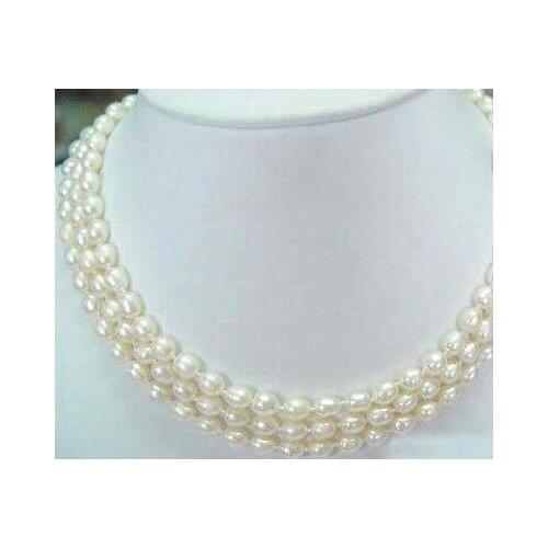 Fashion 3Rows 6-7mm White akoya cultured pearl Rice Beads necklace