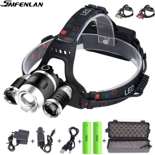 Zoomable XML 3*T6 Headlamp Headlight 15000 Lumens 4mode Head Lamp Torch 18650 Waterproof Rechargeable Head Lantern for Camping