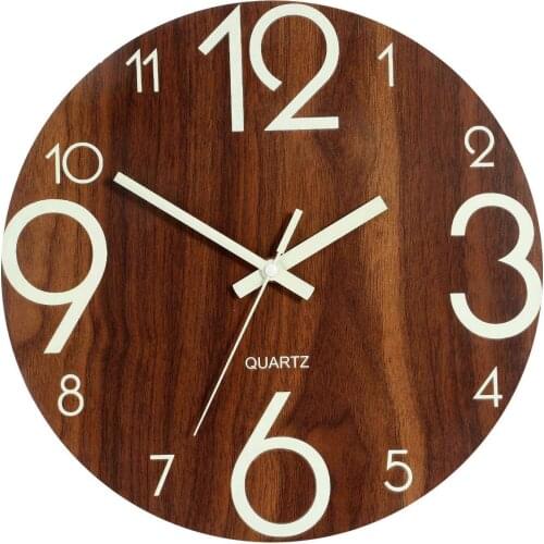 CNIM Hot Luminous Wall Clock Non-Ticking ,12 Inch Wooden Silent Kitchen Wall Clocks With Night Lights For Indoor/Outdoor Living