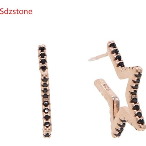 Delicate Black CZ Zircon Crystal 925 Sterling Silver Earrings Rose Gold Color Star Stud Earrings Women Jewelry