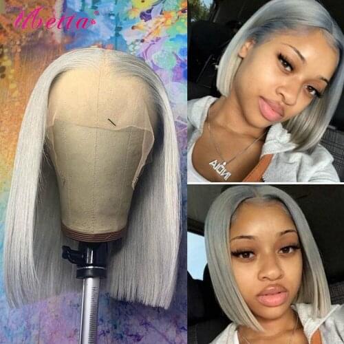Grey Bob Wig Short Bob T Part Lace Front Human Hair Wigs For Women Middle Part Pre Plucked Brazilian Remy Lace Wigs 180