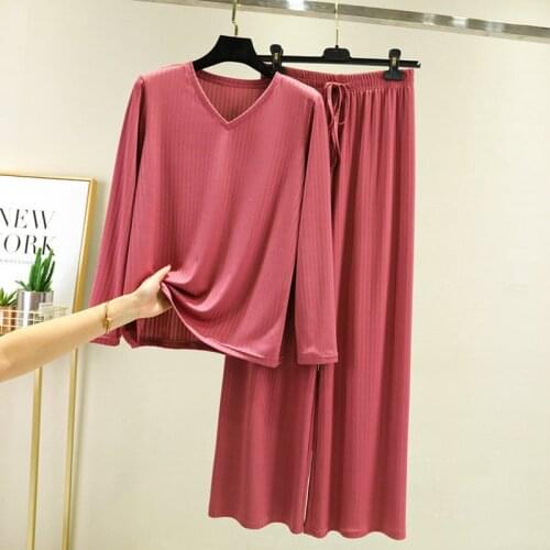 Modal Cotton Pajamas Women Spring Autumn Pyjamas Female Casual Sleepwear Pijamas Set Wide-Leg Pants Long-Sleeved Home Suit