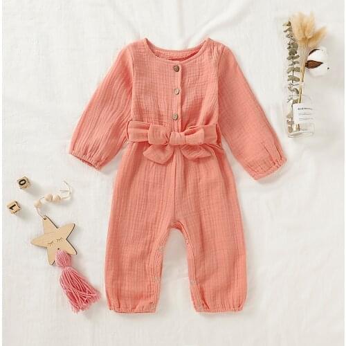 Pudcoco Newborn Baby Girl Clothes Solid Color Long Sleeve Cotton Linen Bowknot Romper Jumpsuit One-Piece Outfit Playsuit Clothes