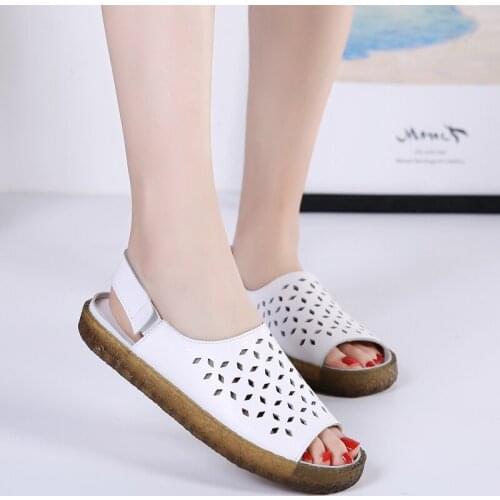 Urbutifo Summer Gladiator Sandals Women Genuine Leather Hollow out Beach Flat Sandals Casual Soft bottom Ladies Shoes Women