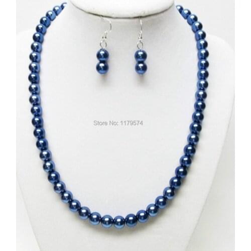Discount! Stunning! DIY! 8mm Blue Sea Shell Pearl Necklace Earring 1Set 18 "beads jewelry making AAA++ about52pcs/strands YS0338