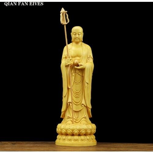 Ksitigarbha Wooden Statue Handcrafted wood carving process Buddhist figures Home decoration accessories 24cm