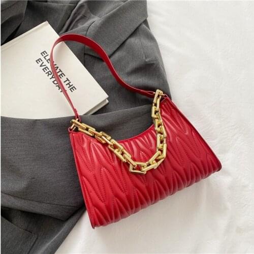 Vintage PU Leather Solid Color Casual Shoulder Underarm Bags For Women Fashion Thick Chain Ladies Simple Small Shoulder Handbags