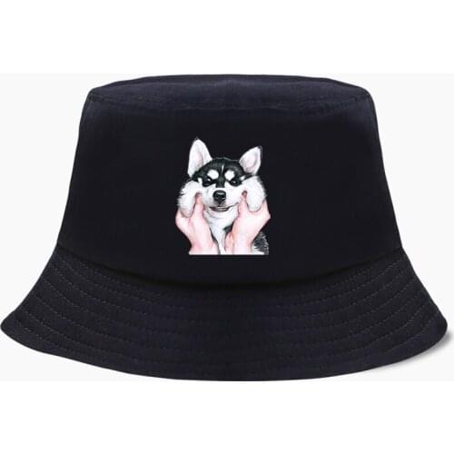 Funny Men Cute Pug Design Dog Siberian Husky Panama Bucket Hat Women Fishing Hats Bob Fisherman Cotton Outdoor Sunscreen Cap