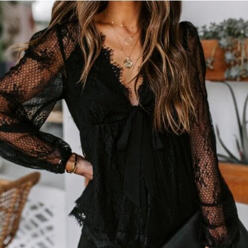 Womens Sexy Lace Blouse Ladies Elegant Embroidery Stitching Bowknot V Neck Lace Up Hollow Out Long Sleeve Shirts Tops