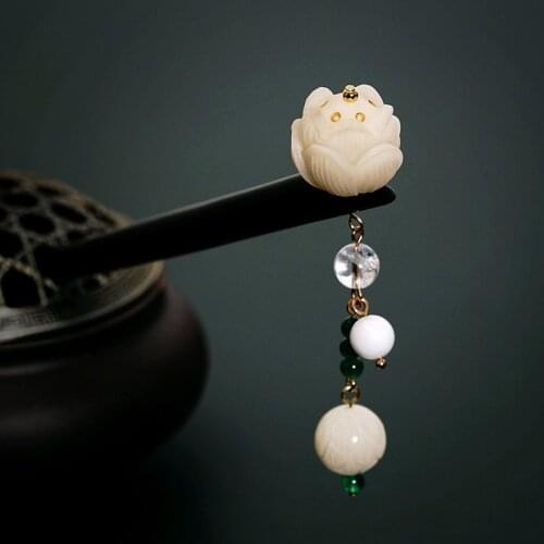 White Bodhi Seed Carved Orchid Lotus Flower Women Hairpin Ebony Wood Hair Sticks Headwear Classical Hair Jewelry