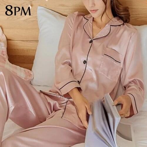 Womens Faux Silk Satin Pajamas Spring Long-Sleeved Long Pants Home Clothes Button Silk Sleepwear Pyjamas Suit Nightwear ouc638