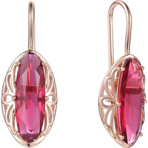 FJ Women Oval Red Stone 585 Rose Gold Color Fish Hook Style Drop Earrings