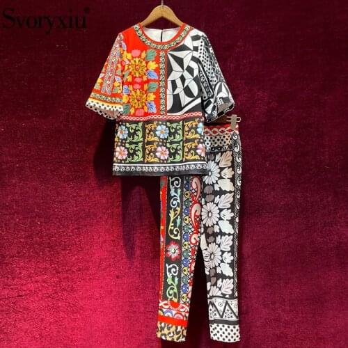 Svoryxiu Designer Fashion Summer Vintage Two Piece Set Womens Half Sleeve Crystal Beaded Totem Print Blouse + Pants Suits