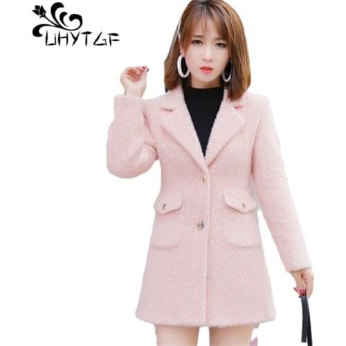 UHYTGF Imitated Mink Fleece Autumn Winter Wool Coat Women Fashion Lapel Slim Female Jacket Pure Color Wild Casual Warm Tops 1423