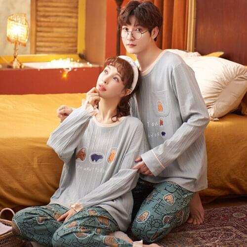 Winter Plus Size O-neck Couple Long Sleeve Pajamas Set Cotton Homewear Cute Cartoon Animal Print Green Trousers Lovers Sleepwear
