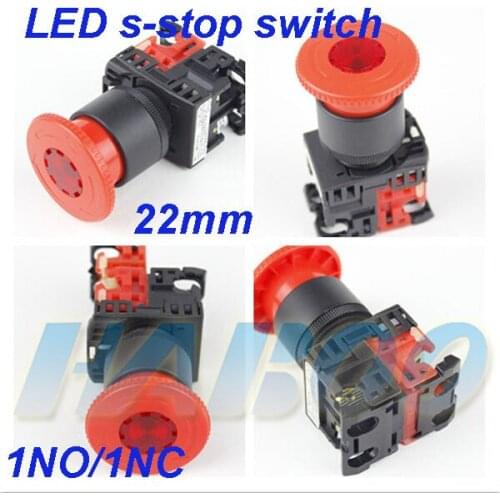 1PCS sale dia.22mm emergency stop switch with led red mushroom head led lighting emergency stop switch1NC 220V shipping free