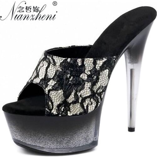 6 inches Super High Heels Shallow Open Toe 15CM Big Size Womens Slippers lace Gradient sole Trend Sexy Fetish Nightclub Stripper